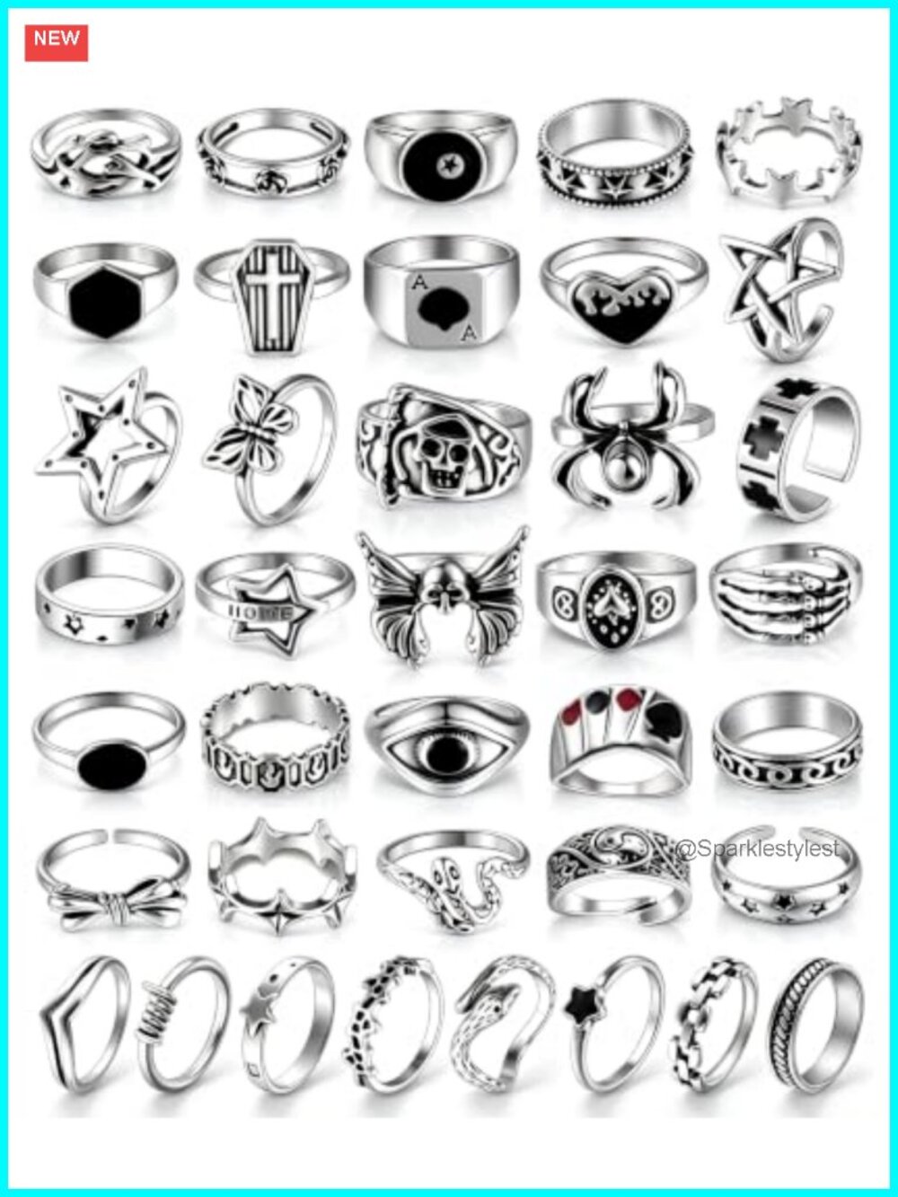 Vintage Silver Rings Set 40pc Gothic Stackable Y2K Grunge Skull Snake